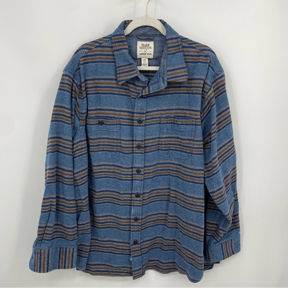 Blake Shelton Lands End Mens 2XL Blue Plaid Flannel Shirt Western Button Up